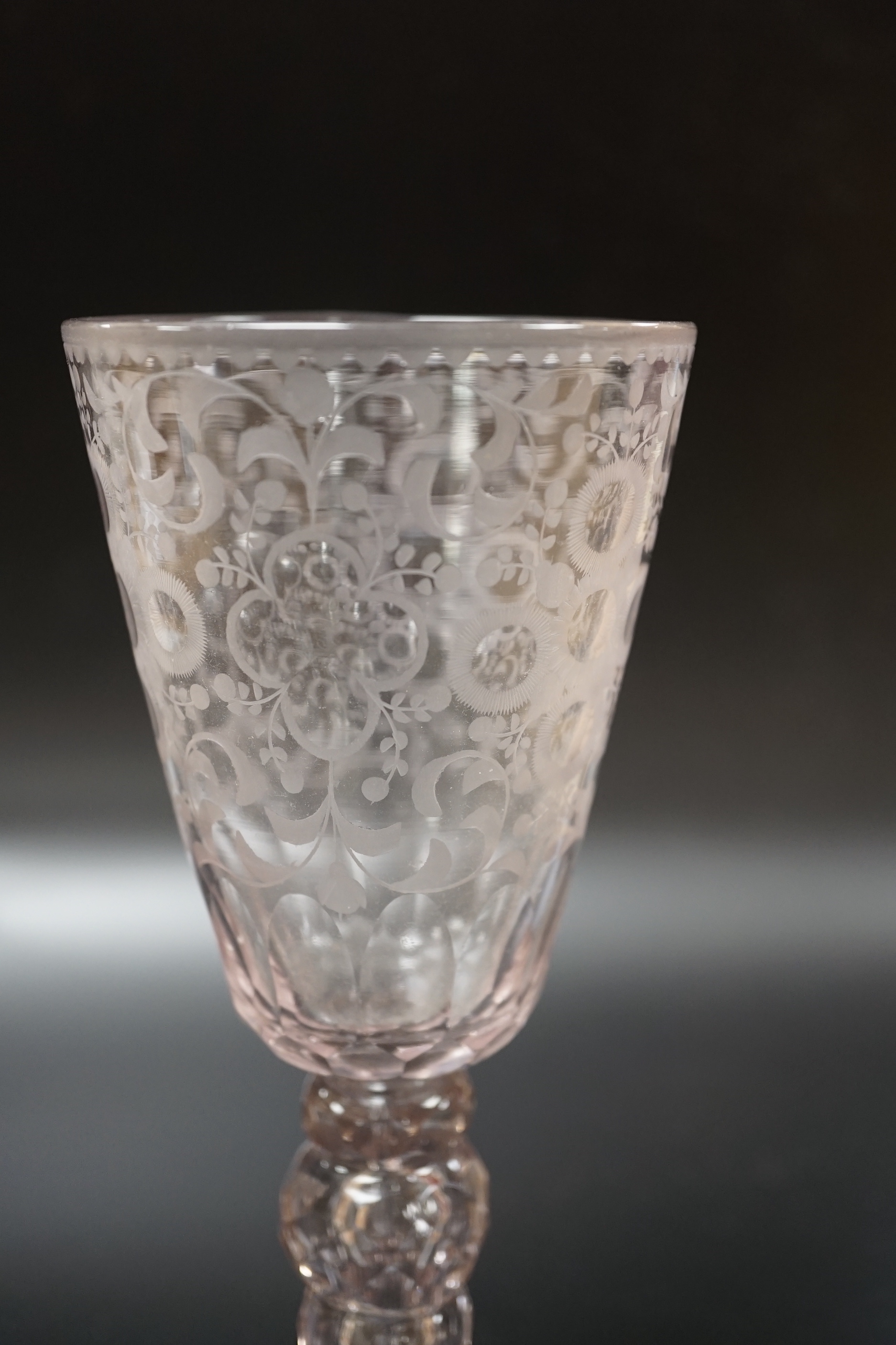 A late 18th century Dutch wheel engraved conical bowl glass goblet, 19cm